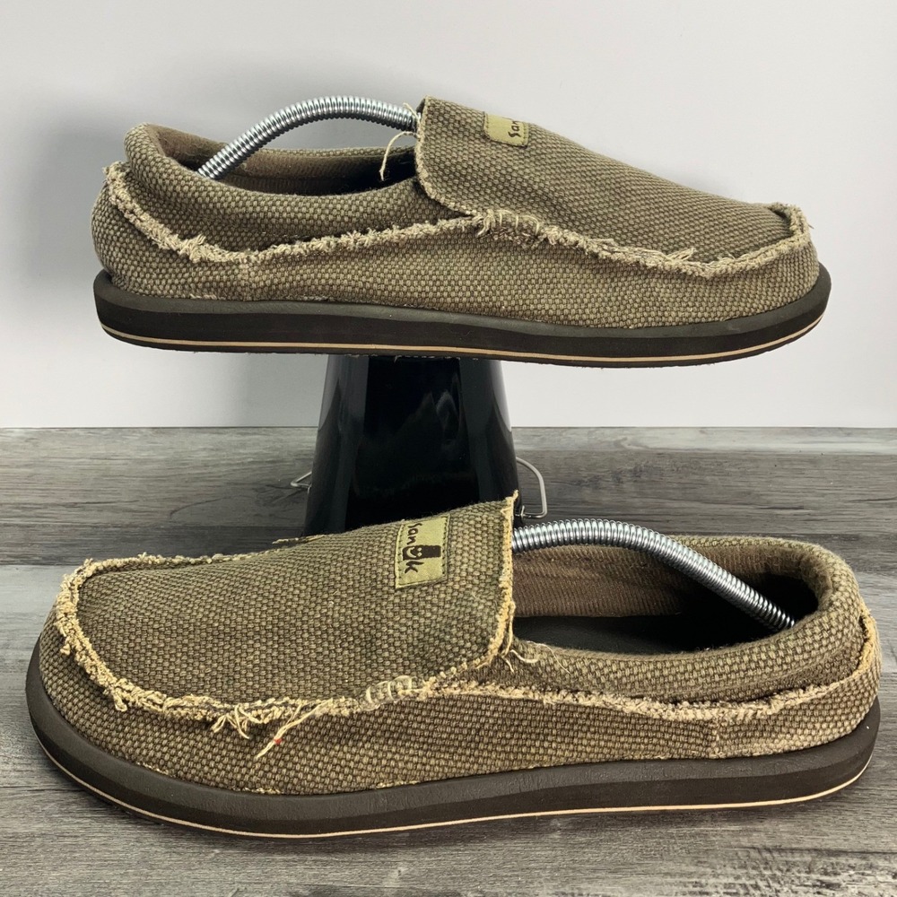 Sanuk Sideline Mens Size 12 Canvas Slip On Loafers Brown Olive Raw Edge CL 0510